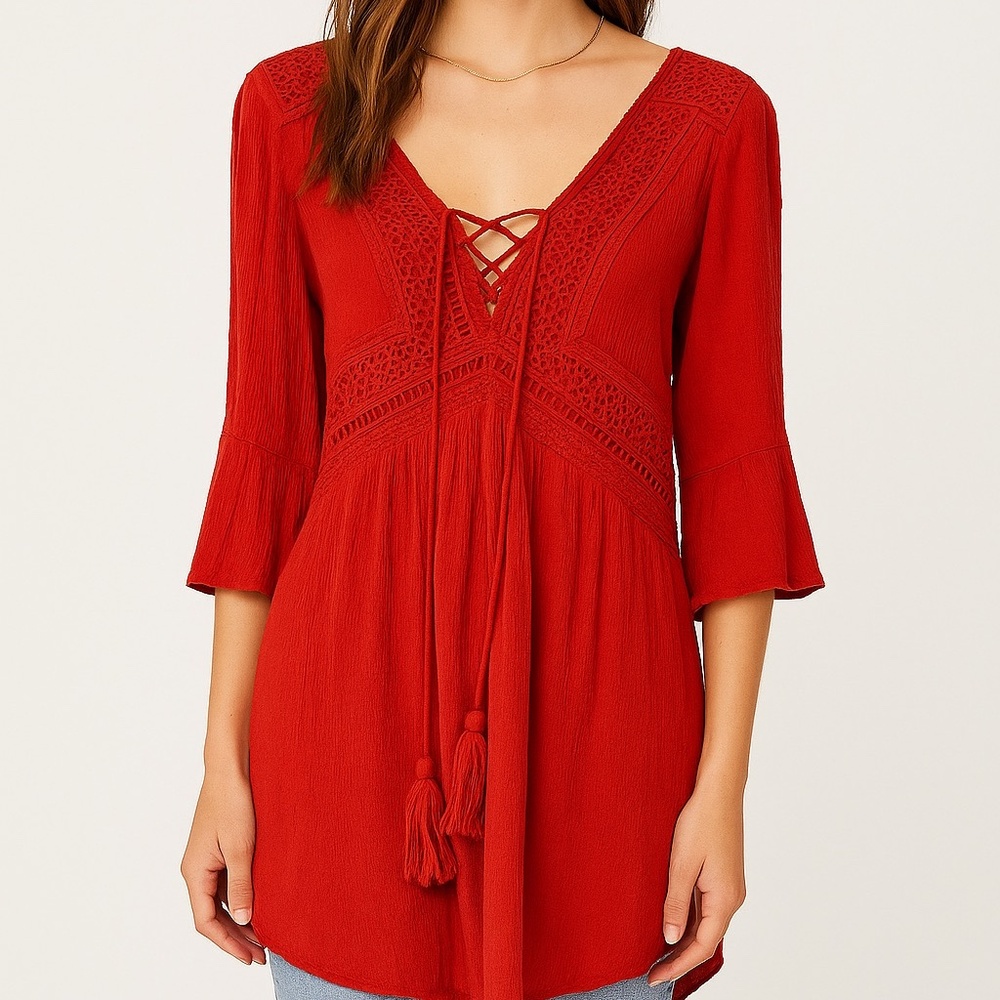 Harlow | XS | Red Boho Lace Trim Peasant Dress